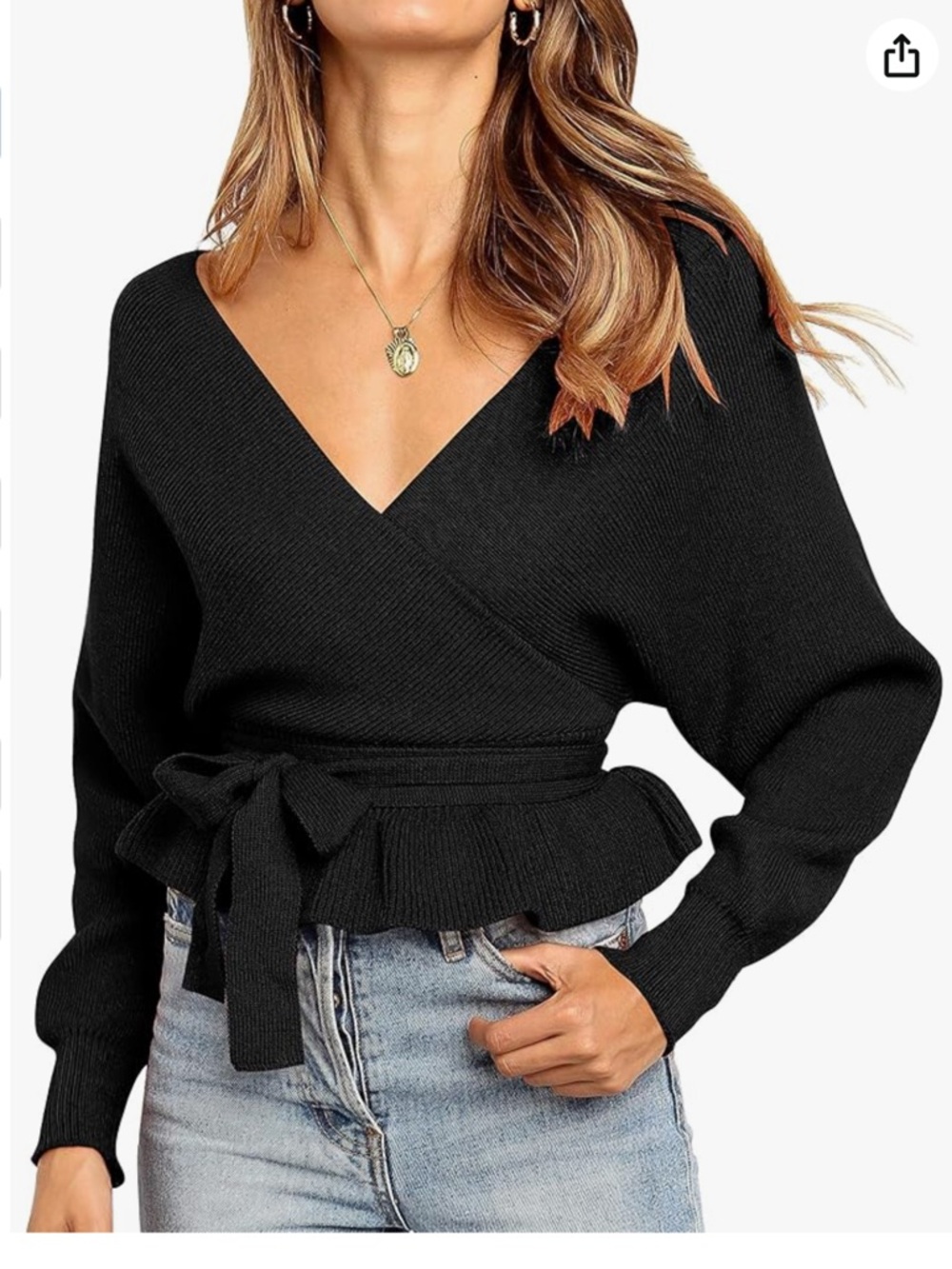 Black V-Neck Wrap Sweater with Waist Tie